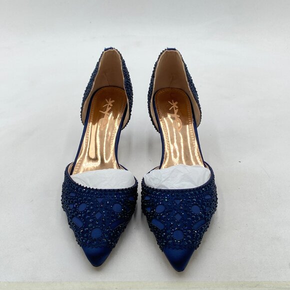 XYD Navy Pointed Toe D'Orsay Kitten Heel Rhinestone Studs Slip-On Satin Shoes - Picture 3 of 8